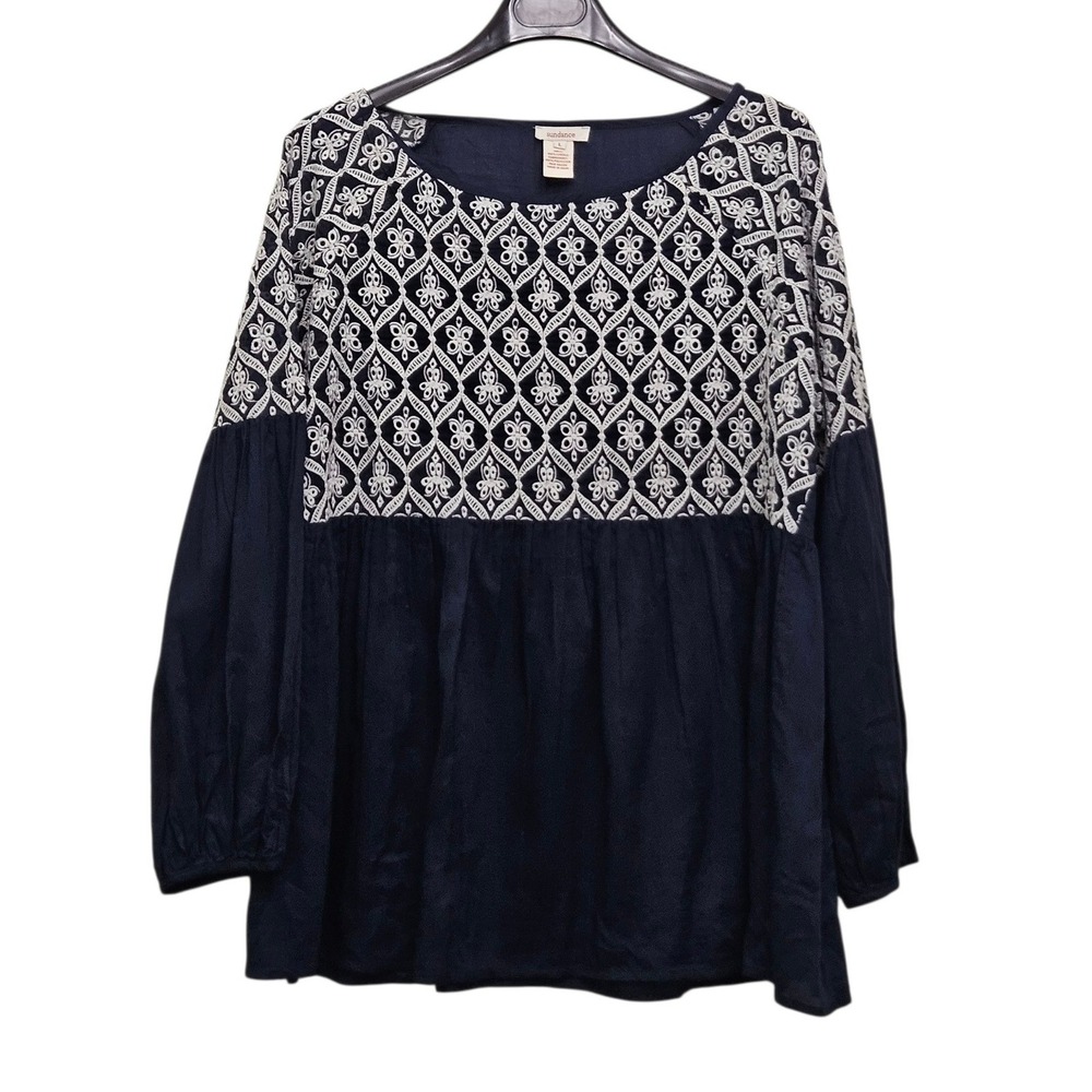 Sundance Blouse Women Large Navy Blue Embroidered Boho Babydoll Peasant Top‎